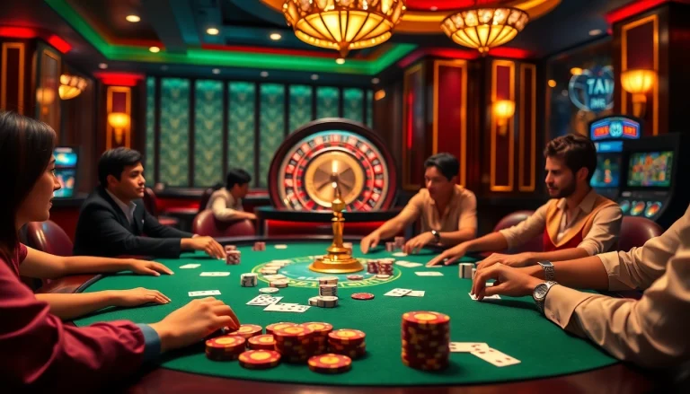 Players enjoy thrilling poker at TA88, showcasing an inviting casino atmosphere with chips and cards.