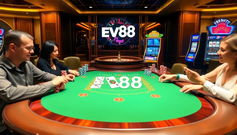 Players engaging in blackjack at the vibrant EV88 Casino, showcasing excitement and luxury.