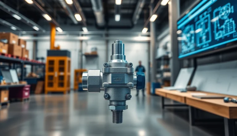 HM88 series three-valve manifold valve displayed in a modern workshop setting, showcasing engineering precision.