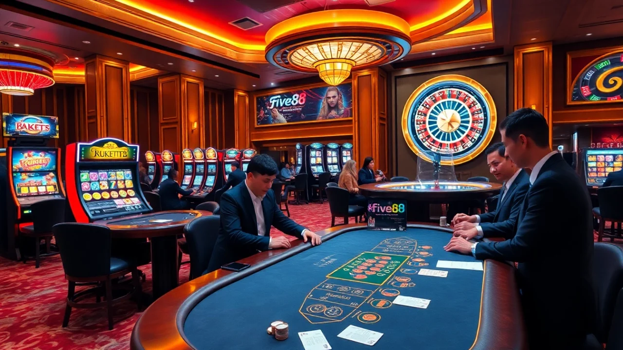 Players enjoying high-stakes blackjack and slot games at https://fivee88.com/, capturing the thrill of luxury gambling.