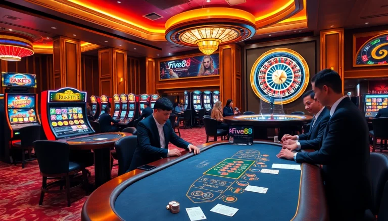 Players enjoying high-stakes blackjack and slot games at https://fivee88.com/, capturing the thrill of luxury gambling.
