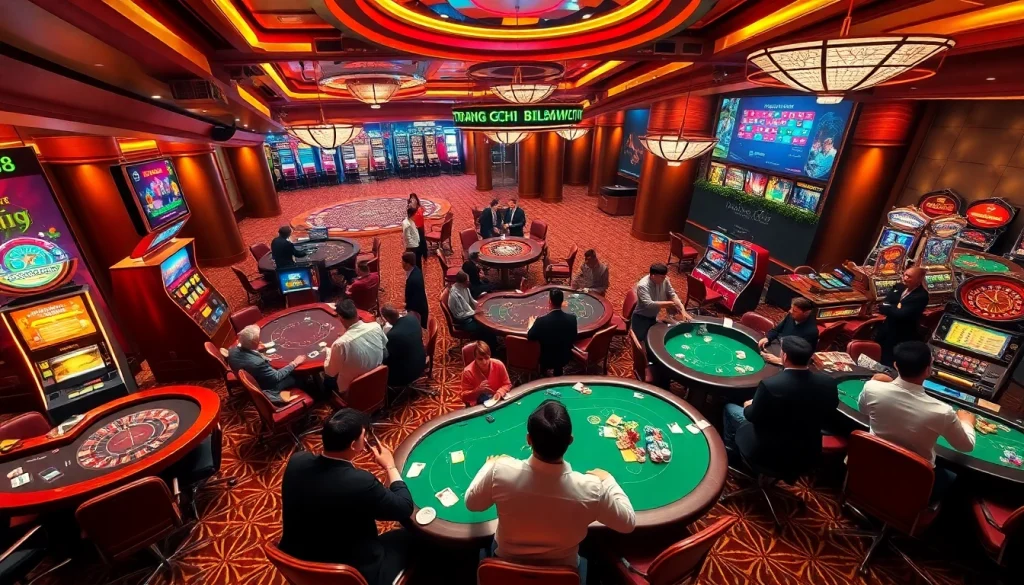 Engage with the thrilling atmosphere at Trang Chủ BJ88, showcasing excited players at various casino games.