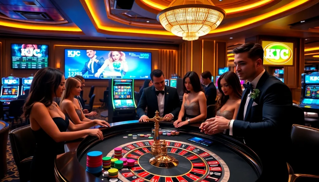 KJC casino experience featuring players at a roulette table with colorful chips and a dealer.