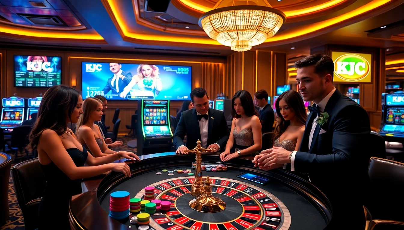 KJC casino experience featuring players at a roulette table with colorful chips and a dealer.