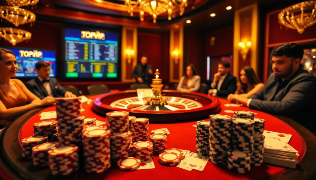 Engaging scene at TOPVIP casino with roulette wheel, poker chips, and excited players.