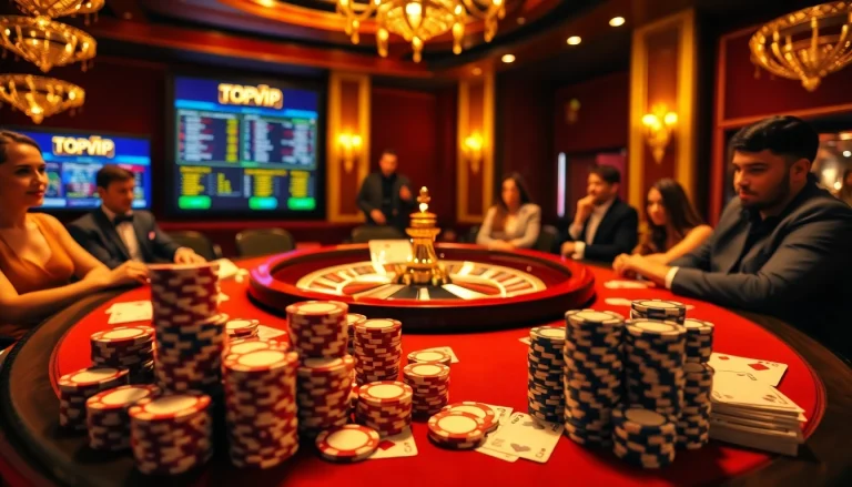 Engaging scene at TOPVIP casino with roulette wheel, poker chips, and excited players.
