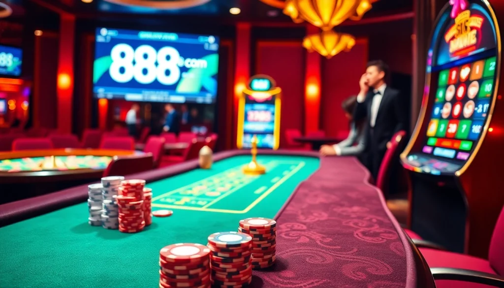 Engaging players enjoy the thrill of betting on 888b com gaming tables in a vibrant casino atmosphere.