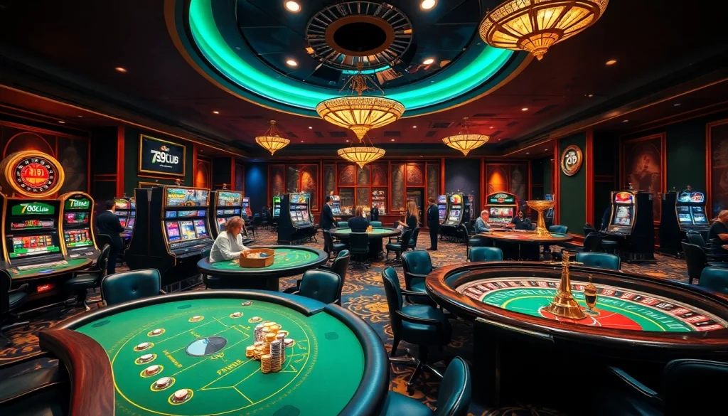 Engaged players at 789club enjoying high-stakes gambling with poker chips and slot machines.