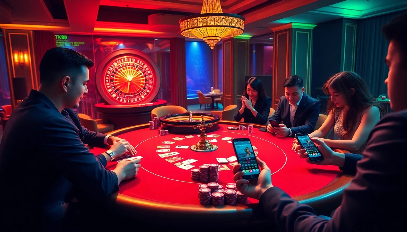 Experience thrilling gameplay at tk88 casino with vibrant poker chips and a roulette wheel.