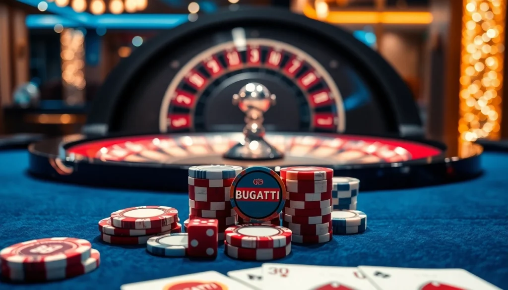 Players enjoying a high-stakes game at the Bugatti8 casino table, surrounded by luxurious gaming elements.
