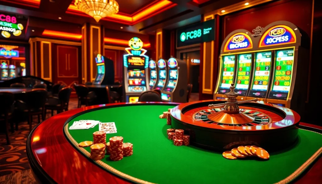 Experience the excitement of gambling at FC88 with vibrant gaming tables and thrilling roulette wheels.