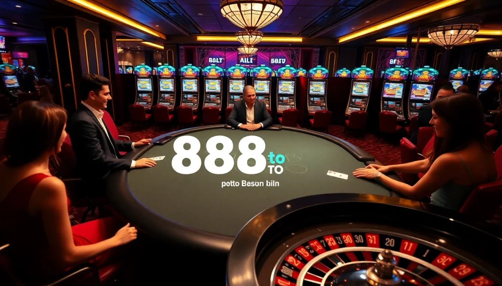 Experience the excitement of gaming at 888TO with professional dealers and vibrant slot machines.