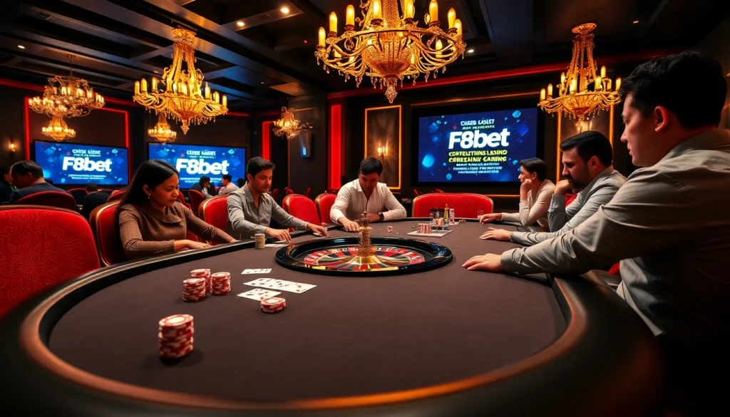 Players enjoying a thrilling game at an F8bet poker table in a luxurious casino setting.