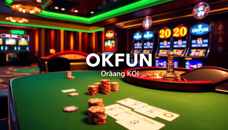 Engaging scene of online gambling with casino elements and OKFUN đăng Ký emphasizing user registration.