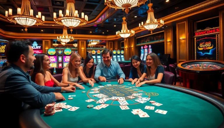 Engaged players enjoying a game at GG 88 casino table with vibrant poker chips and cards.