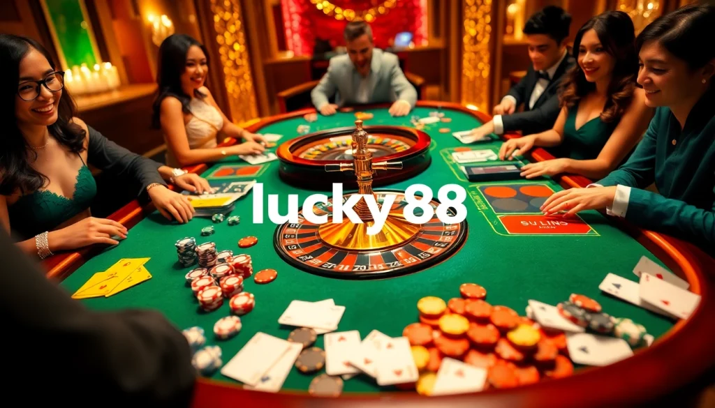 Players celebrating wins at a vibrant lucky88 casino table filled with poker chips and cards.