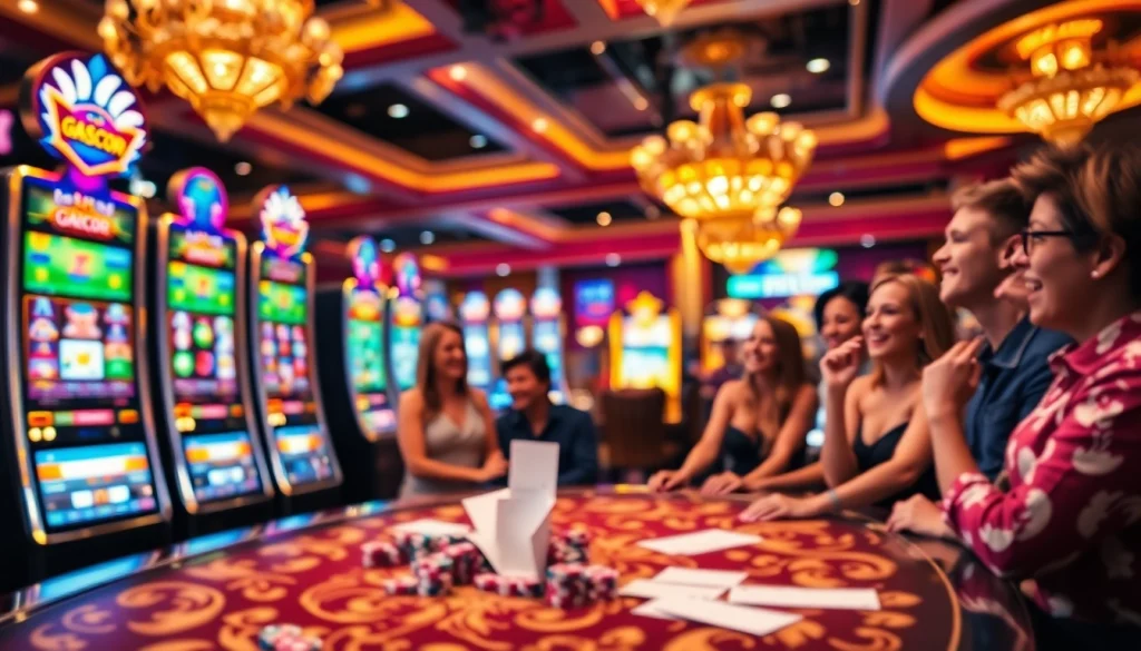 Excited players engaging with Slot Gacor machines in a vibrant casino atmosphere.
