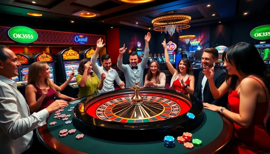 Excited players at a roulette table celebrating wins at OK365 com, embodying luxury and thrill.