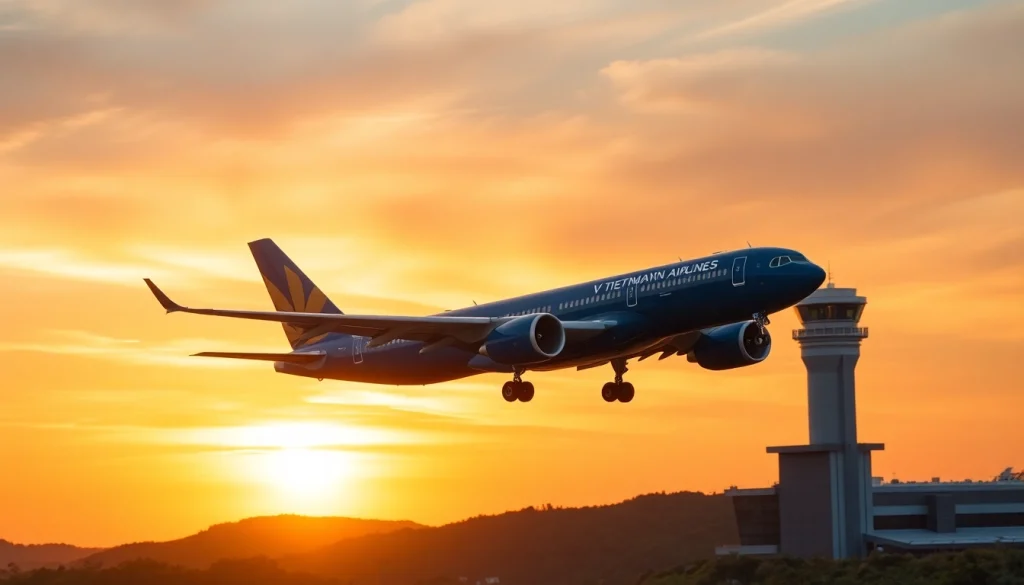 Vietnam Airlines VN168 flight taking off from Da Nang Airport at sunset