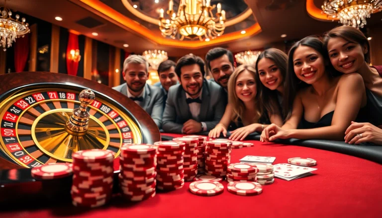 LUCKYWIN casino most thrilling gambling scene with poker chips, roulette, and excited players.
