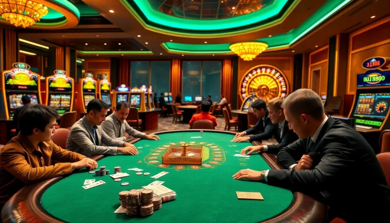 Engaging casino professionals at BJ388.boats poker table, exemplifying luxury gambling action.