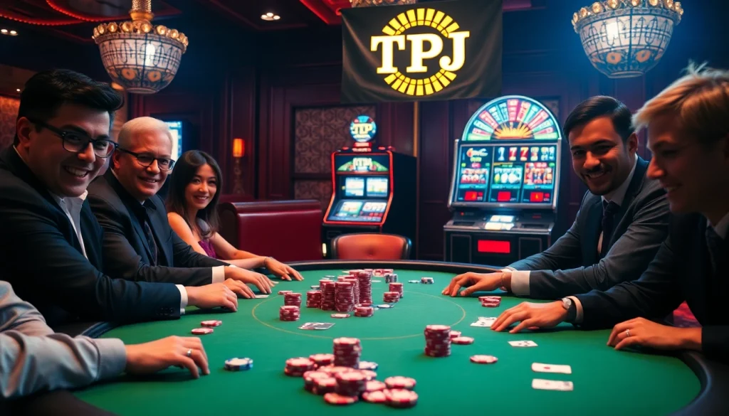 Players engaging in a professional poker game at TPJ's luxurious casino.