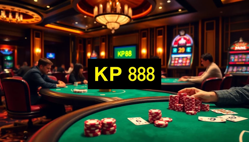 Experience thrilling gameplay at KP 88 casino table with players and vibrant poker chips.