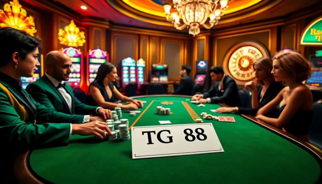Experience the thrill of gambling with TG 88 poker players strategizing in a luxurious casino setting.