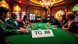 Experience the thrill of gambling with TG 88 poker players strategizing in a luxurious casino setting.