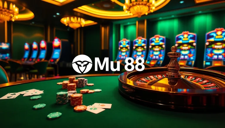 Experience thrilling gameplay at https://mu88.camp/ with a vibrant casino atmosphere featuring poker chips and a roulette wheel.