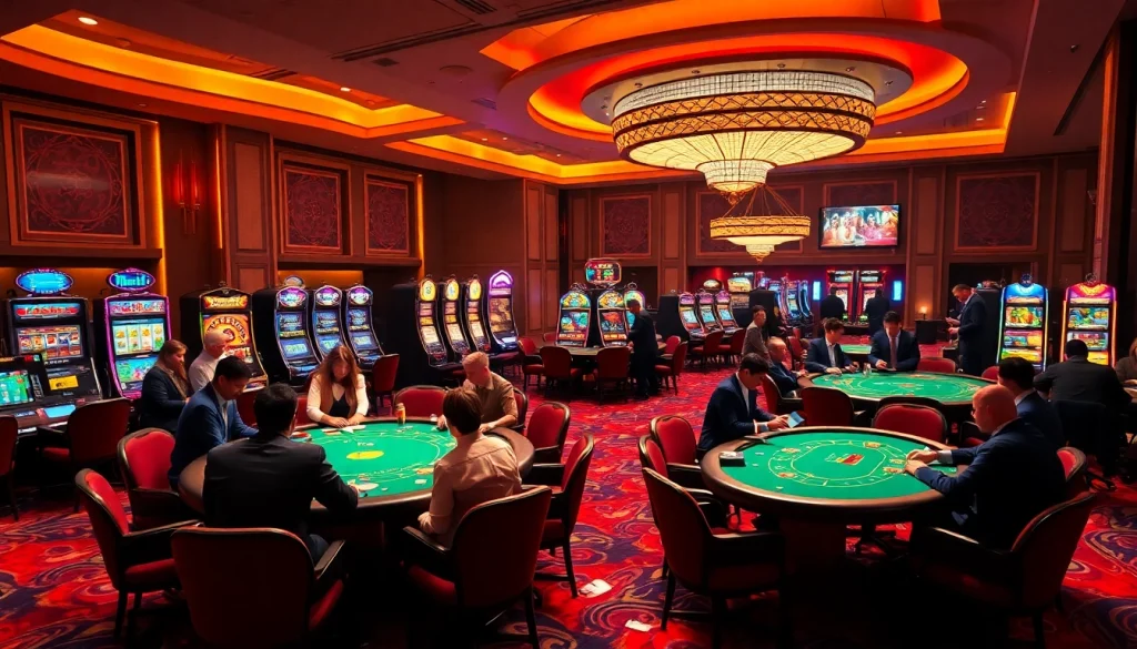 Experience the thrill of gambling at 89bet with vibrant tables and slot machines in a luxurious setting.