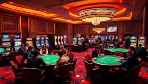Experience the thrill of gambling at 89bet with vibrant tables and slot machines in a luxurious setting.