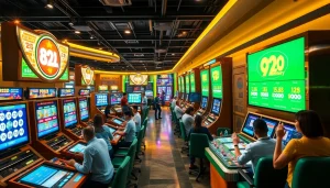 Experience the excitement of 92lottery gaming with vibrant visuals of players at a lottery hub.