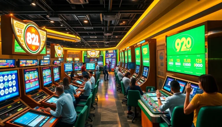 Experience the excitement of 92lottery gaming with vibrant visuals of players at a lottery hub.