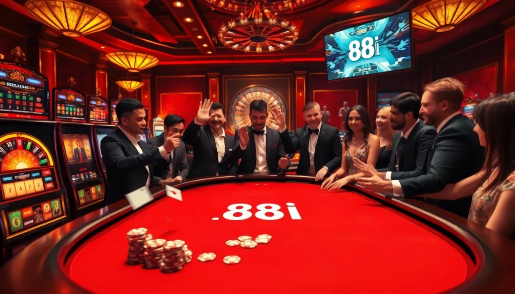 Players celebrating a winning hand at the 88i poker table in a luxurious casino.