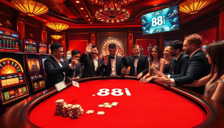 Players celebrating a winning hand at the 88i poker table in a luxurious casino.