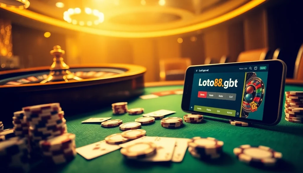 Loto188.gb.net provides an exciting online gambling experience with a luxurious casino scene featuring roulette and mobile gaming.