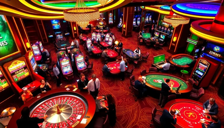 Exciting casino atmosphere at http://228kbet.net/ featuring roulette, poker games, and vibrant slot machines.