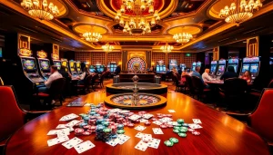 Gamble at high-stakes tables in luxury, featuring https://tg88a.baby/ slot machines and roulette wheels.