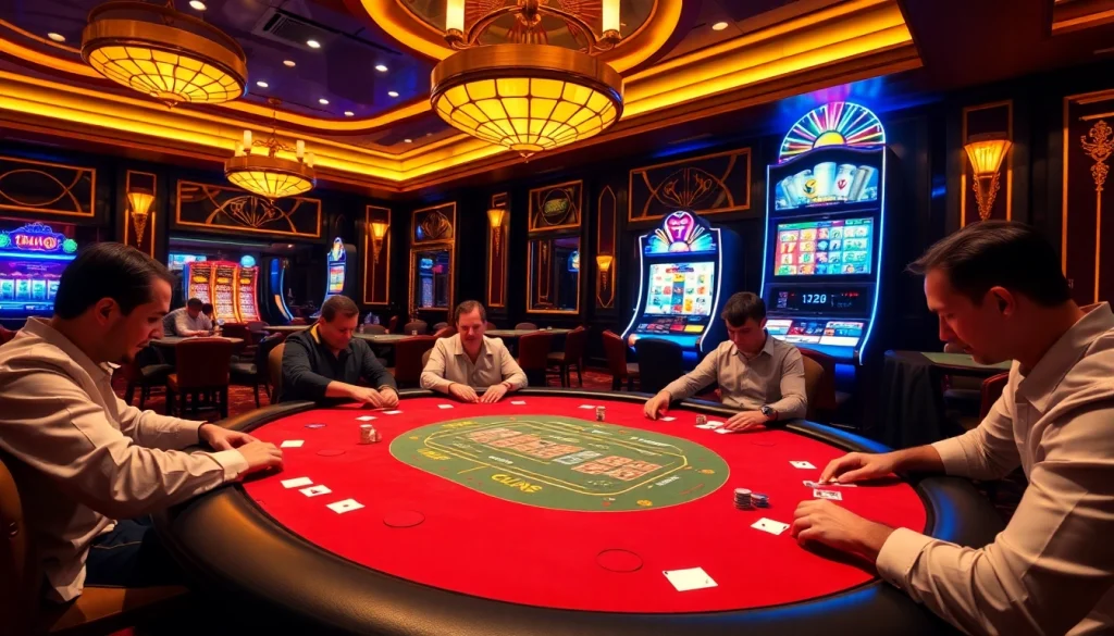 Experience the excitement of TK88 at a vibrant casino poker table with intense gameplay.