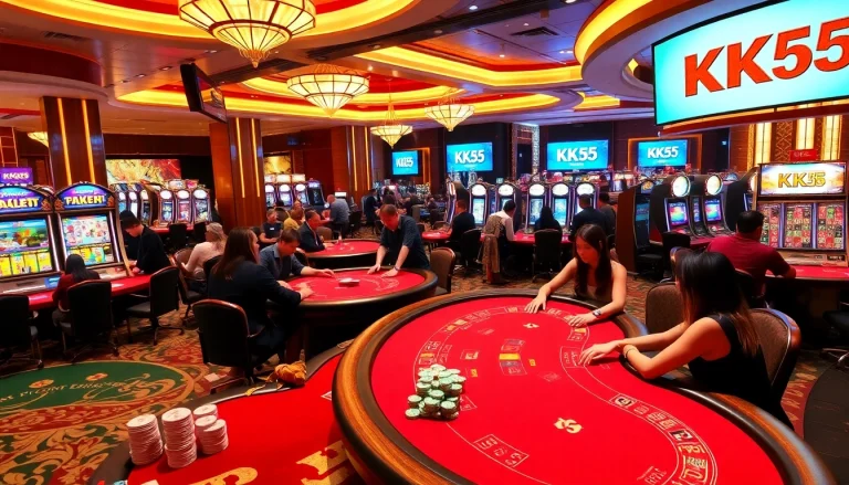 Players enjoying thrilling games at KK55 host casino, featuring colorful tables and slot machines.