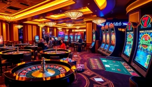 Players enjoying exciting games of UU 88 with poker chips and roulette wheels in a luxurious casino atmosphere.