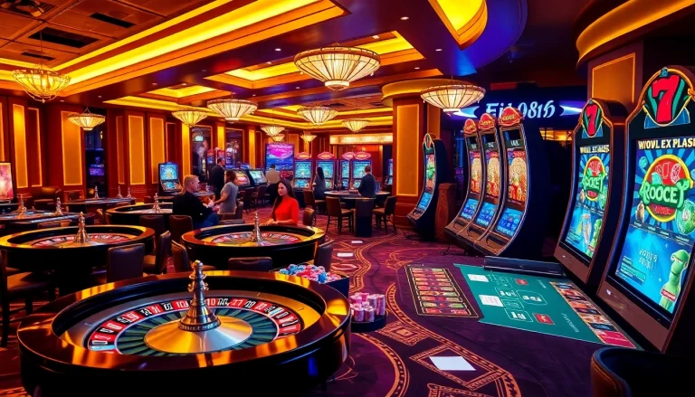 Players enjoying exciting games of UU 88 with poker chips and roulette wheels in a luxurious casino atmosphere.