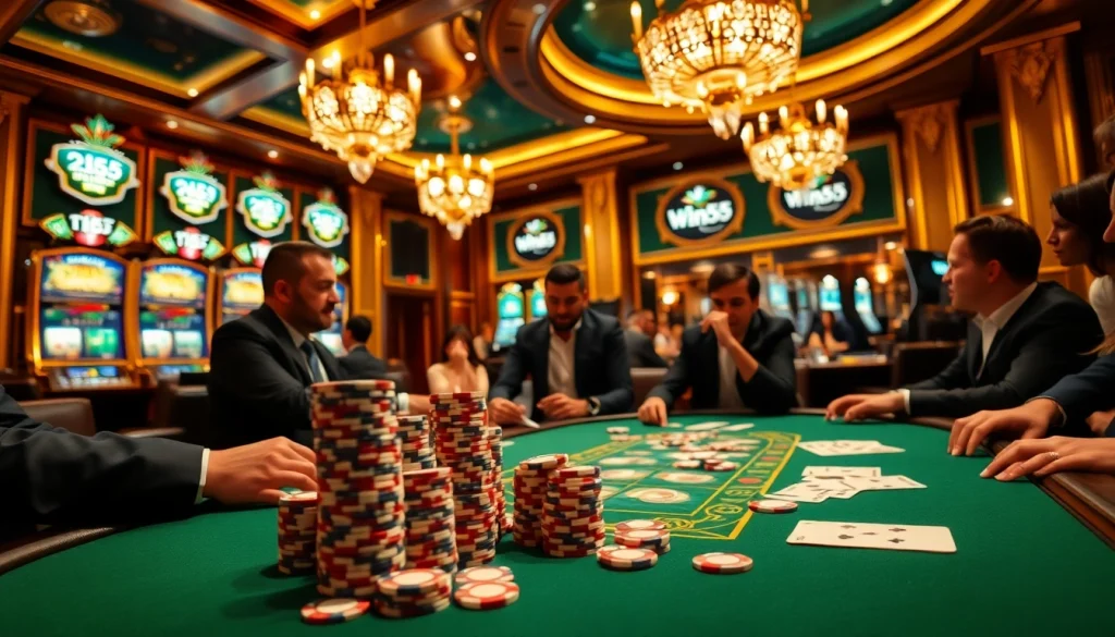 Excited players strategize at the Win55 poker table in a luxurious casino setting.