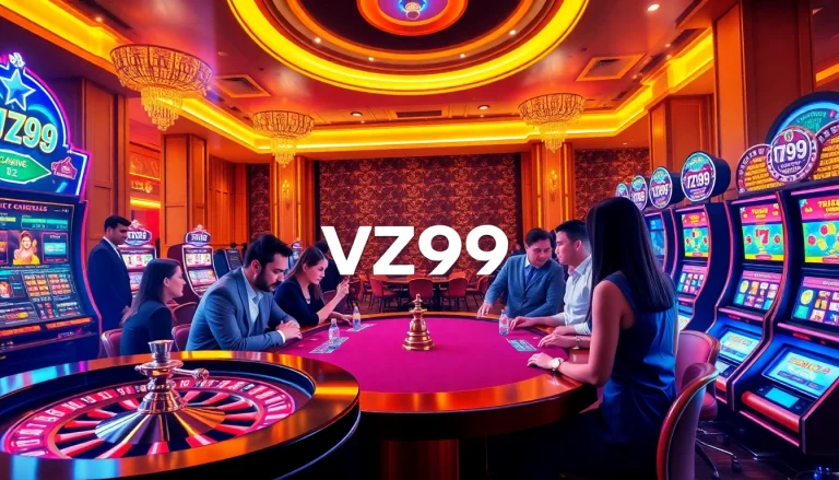 Experience vibrant online gambling at VZ99 with engaging casino tables and colorful poker chips.