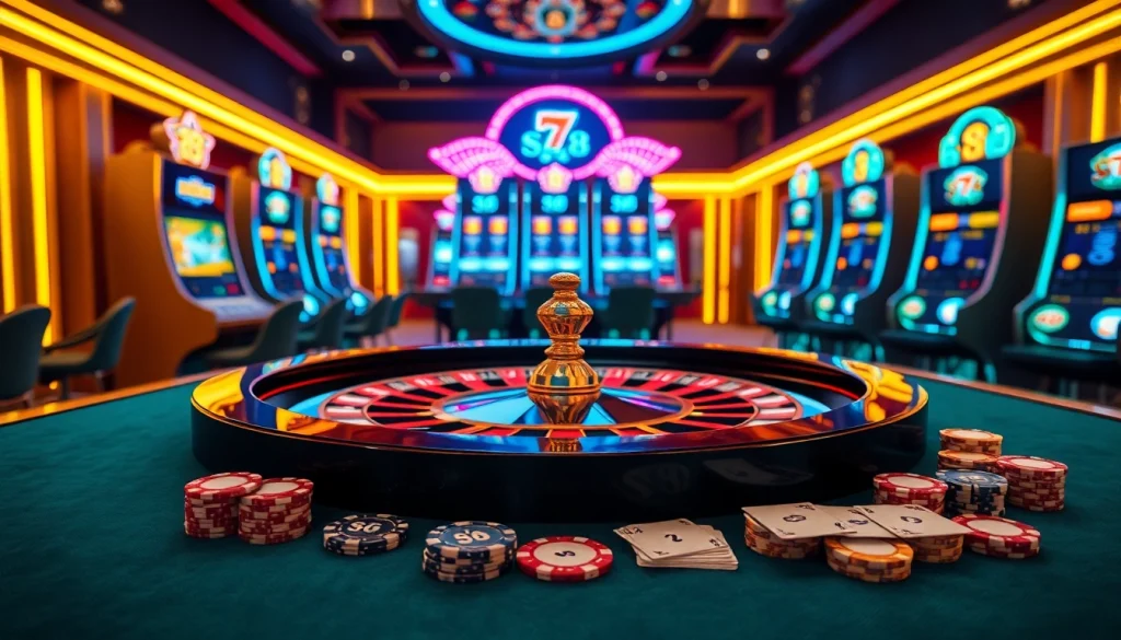 S8 logo displayed prominently at a vibrant casino table with poker chips and cards during gameplay.