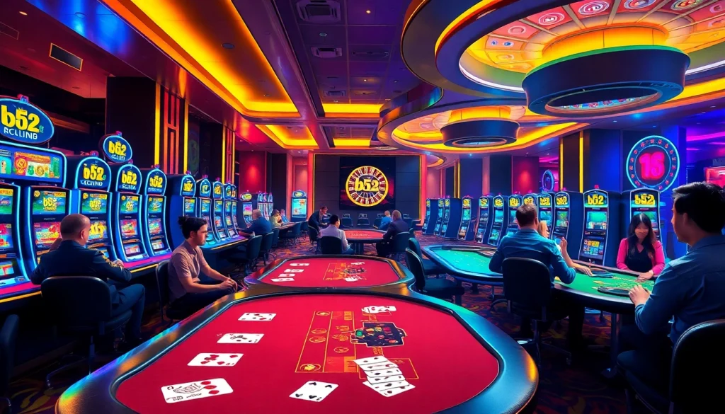 B52club players passionately engaging at poker tables for thrilling wins.