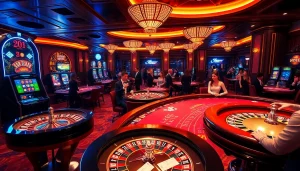 HITCLUB casino atmosphere showcasing vibrant gaming action with poker tables and roulette.