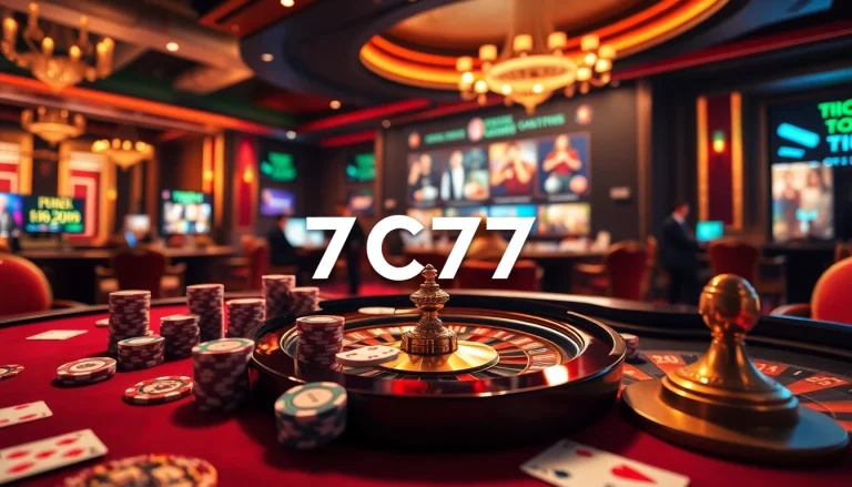 Engaging casino scene highlighting 7C77 online games with vibrant colors and thrilling atmosphere.