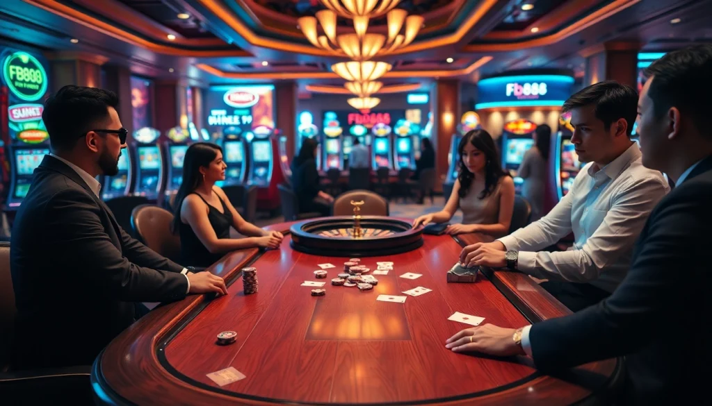 Players enjoy strategic poker at a top casino table, featuring Fb88 branding in a vibrant atmosphere.